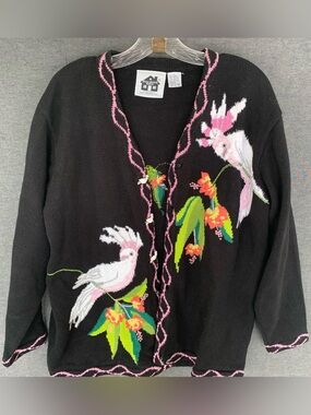 Storybook Knits Black Cardigan Sweater with Pink Cockatoo Embroidery Large